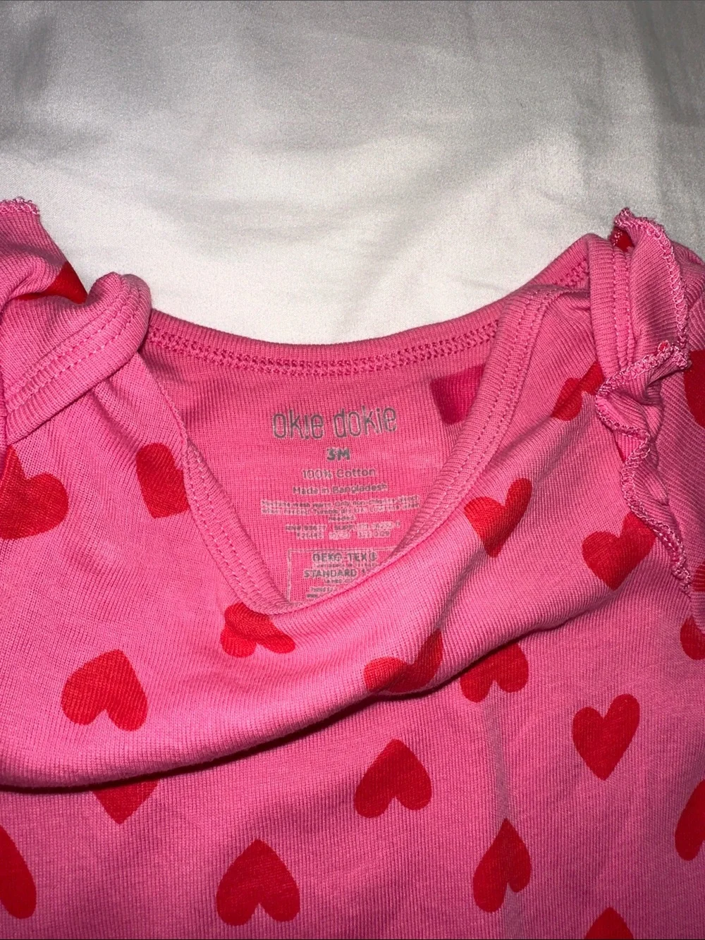 okie dokie Pink Footed One-Piece with Red Heart Print and Ruffles